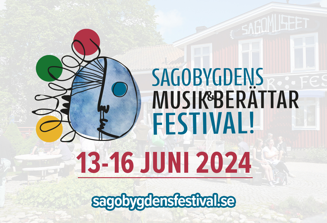 Ett blått janus-ansikte med texten: Sagobygdens Musik och Berättarfestival 13-16 Juni 2024. 