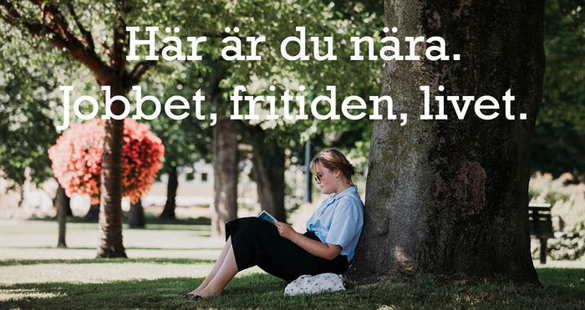 Kvinna läser bok i skuggan under ett träd